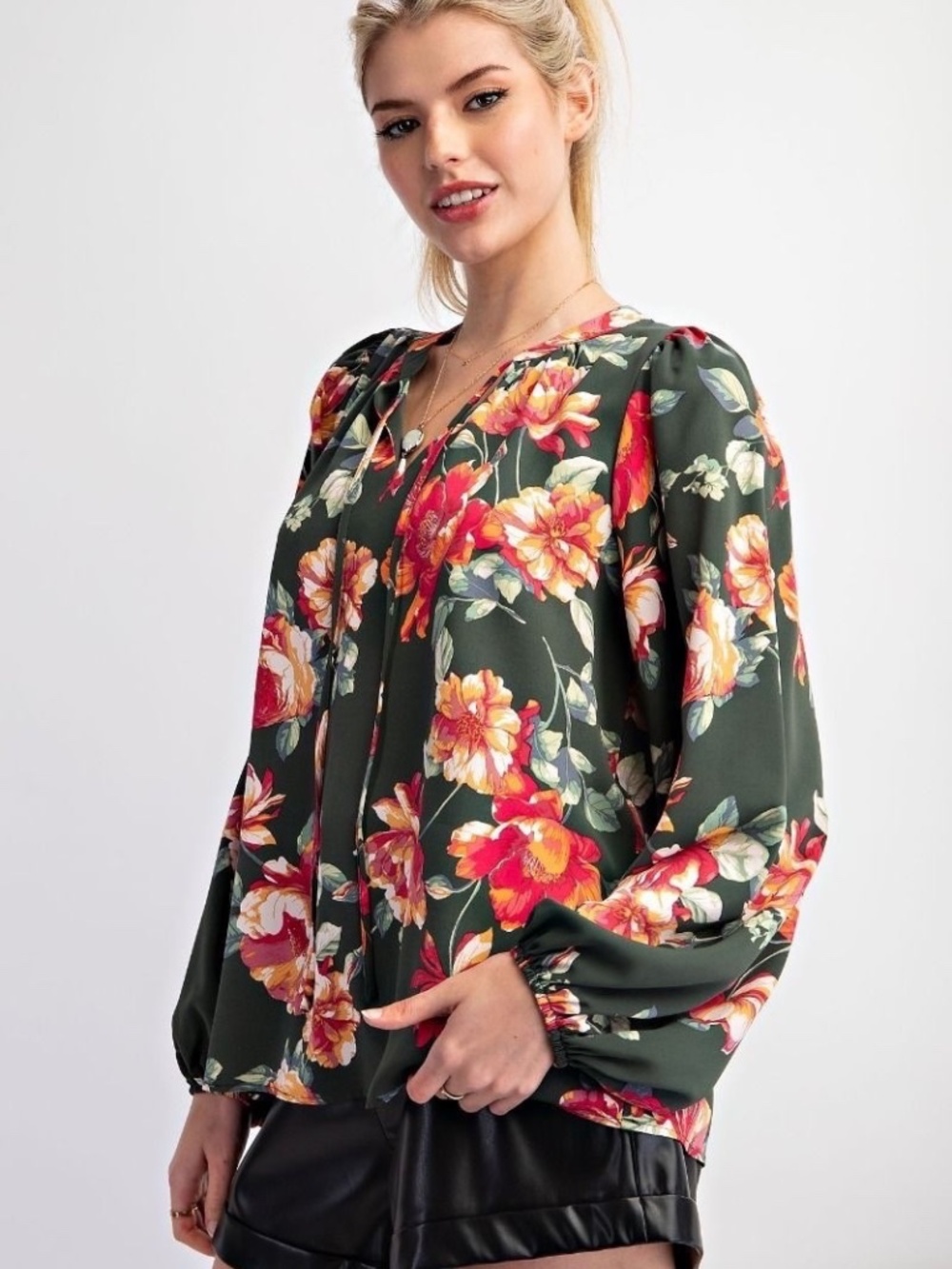 New Easel Women's Floral Tie Neck Blouse Pullover Woven Long Sleeve Relaxed Fit - Picture 5 of 8
